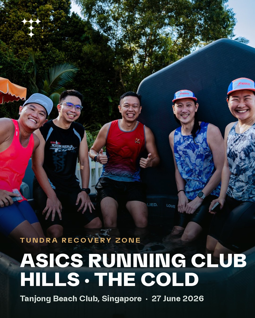 TUNDRA recovery zone at ASICS Running Club Hills — runners in the communal cold plunge, Tanjong Beach Club Singapore, 27 June 2026