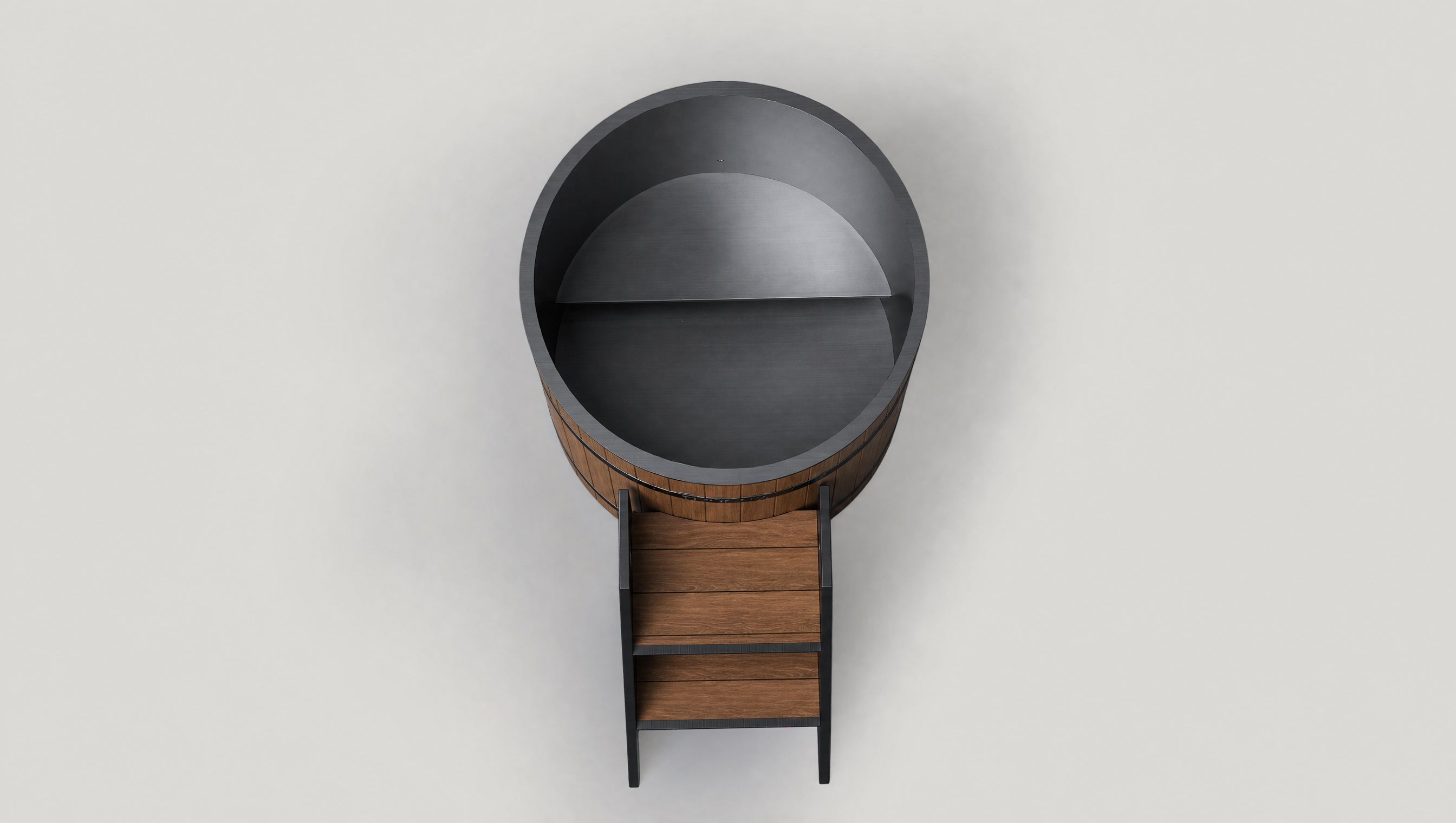 The TUNDRA Tavik System, a stainless steel and cedar barrel plunge tub with the Borealis heater and chiller — top view
