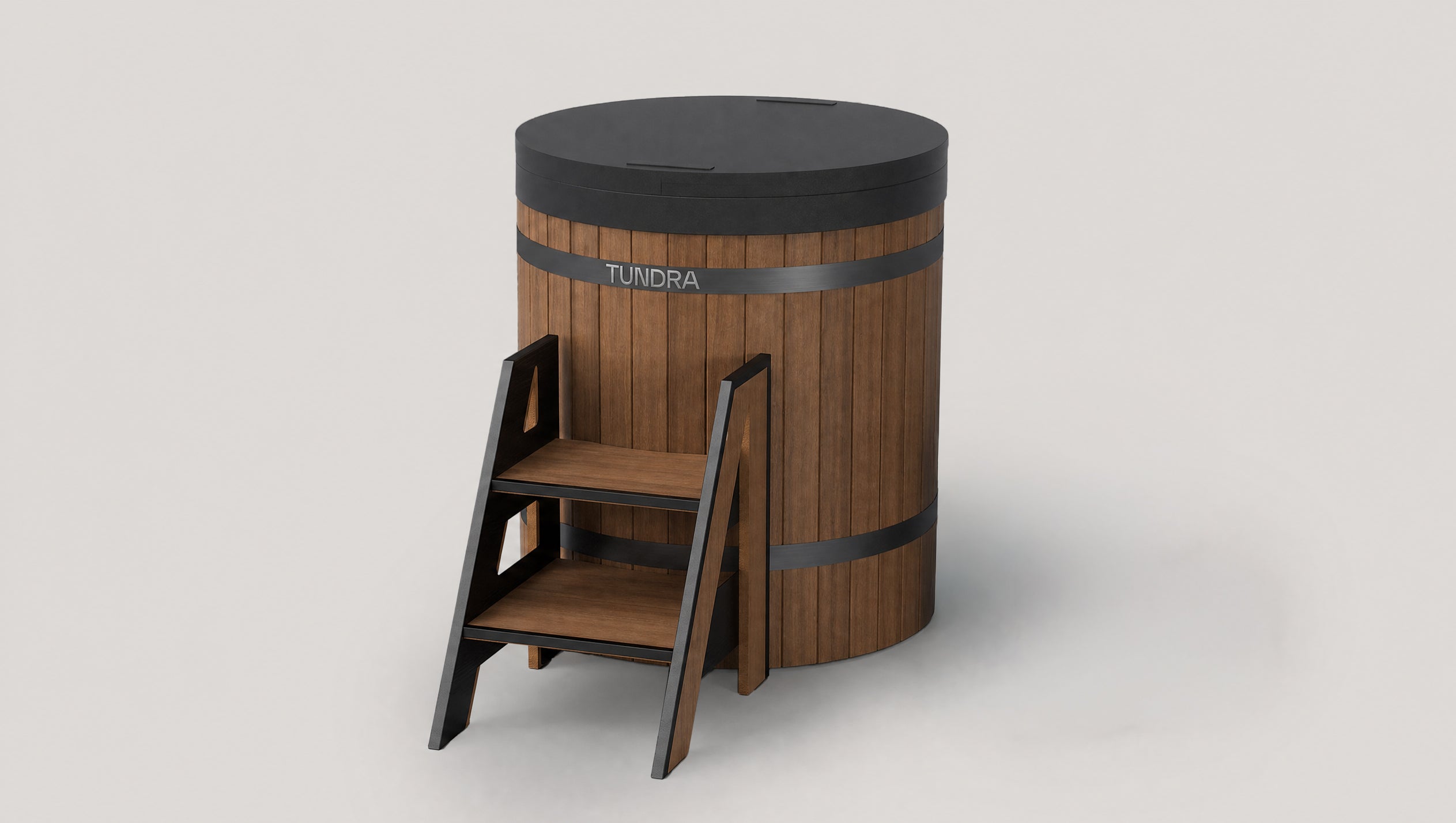 The TUNDRA Tavik System, a stainless steel and cedar barrel plunge tub with the Borealis heater and chiller — shown with the insulated cover