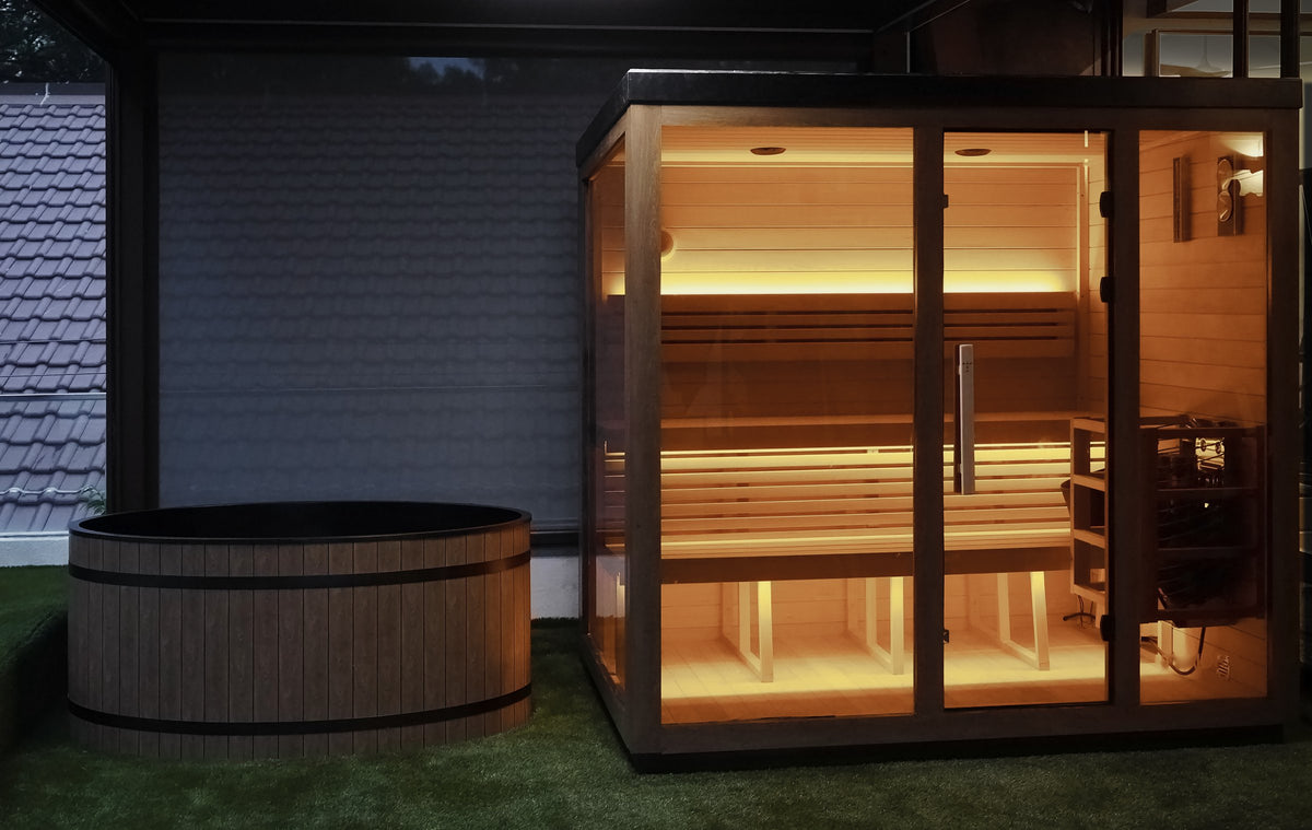 Outdoor Finnish sauna and Inari hot and cold plunge on a covered rooftop in Singapore