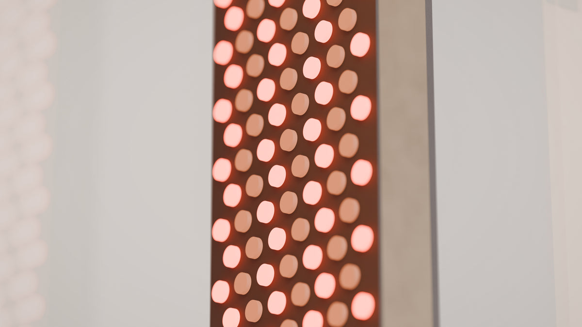 LED grid of a red light panel inside the TUNDRA glazed infrared sauna