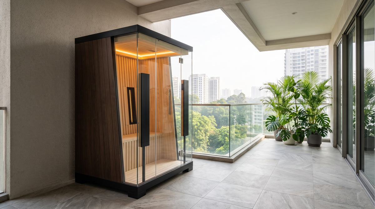 The Valo infrared sauna on a covered condominium balcony in Singapore, cove light on