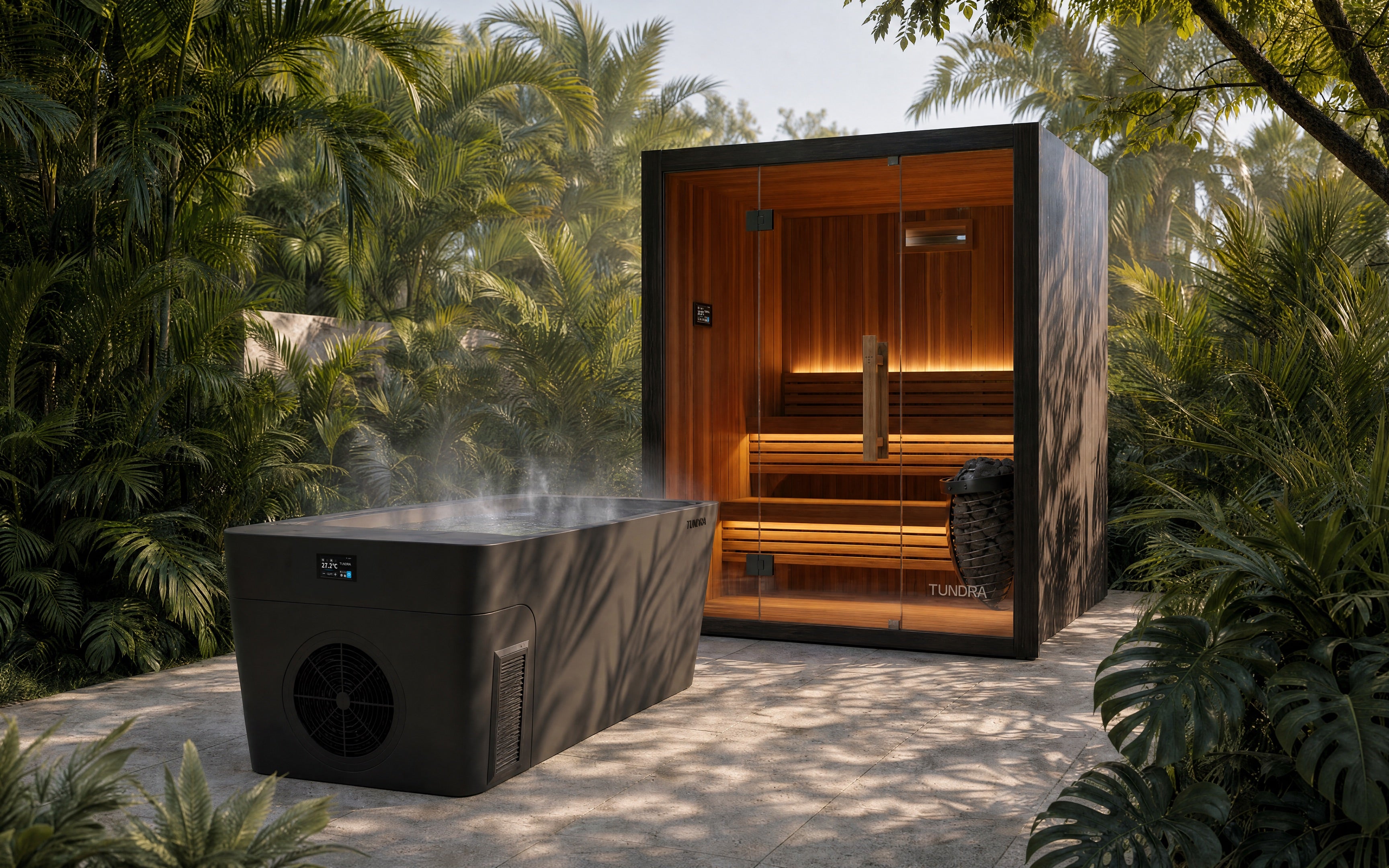 TUNDRA Taiga ice bath and Haven sauna in a garden setting