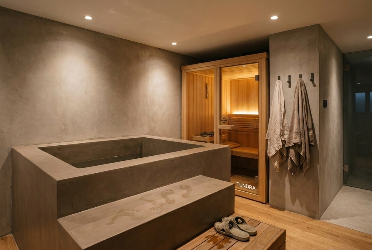 Built-in cold plunge with TUNDRA cedar sauna in a private home wellness corner