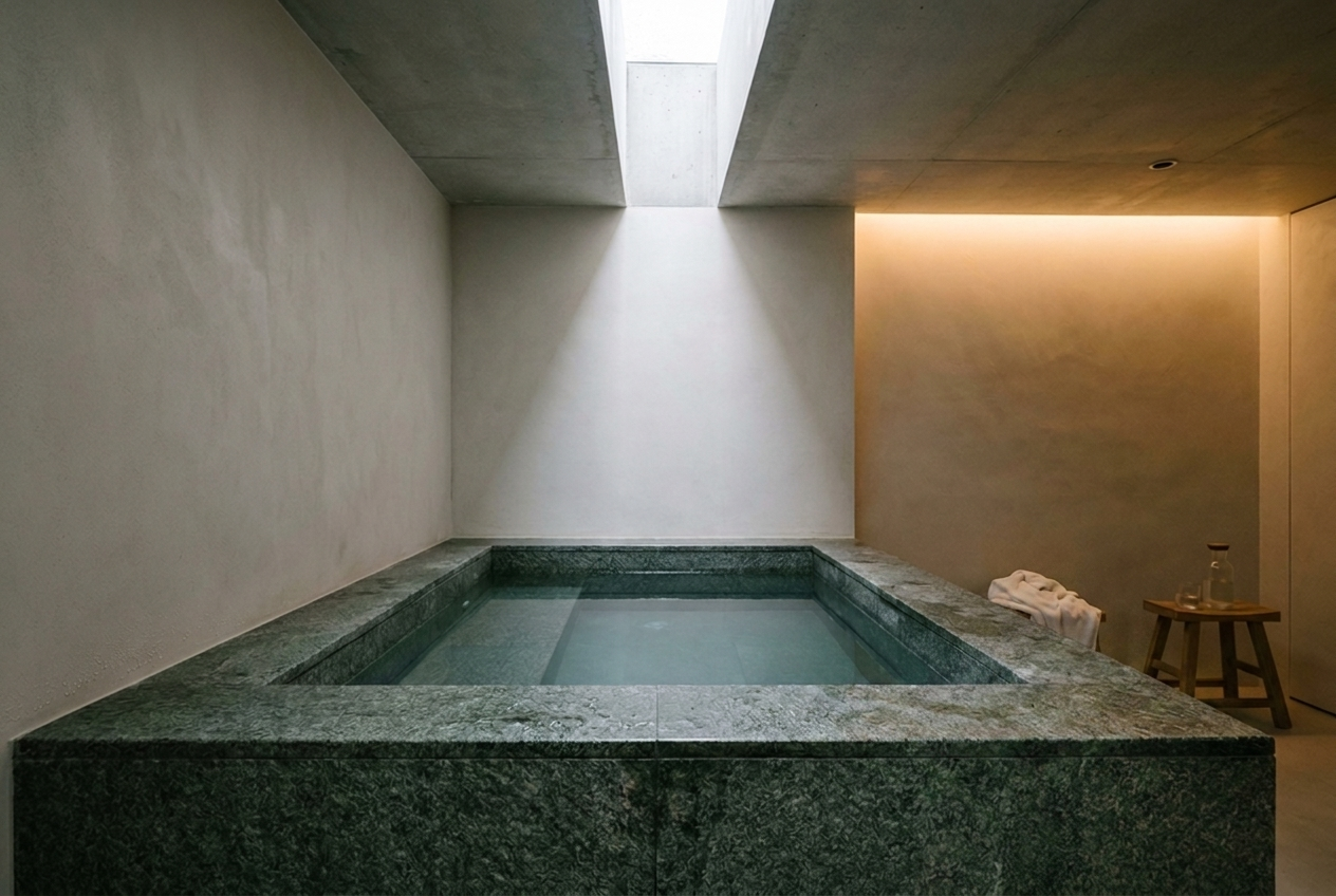 Built-in cold plunge in green-grey stone under a skylight