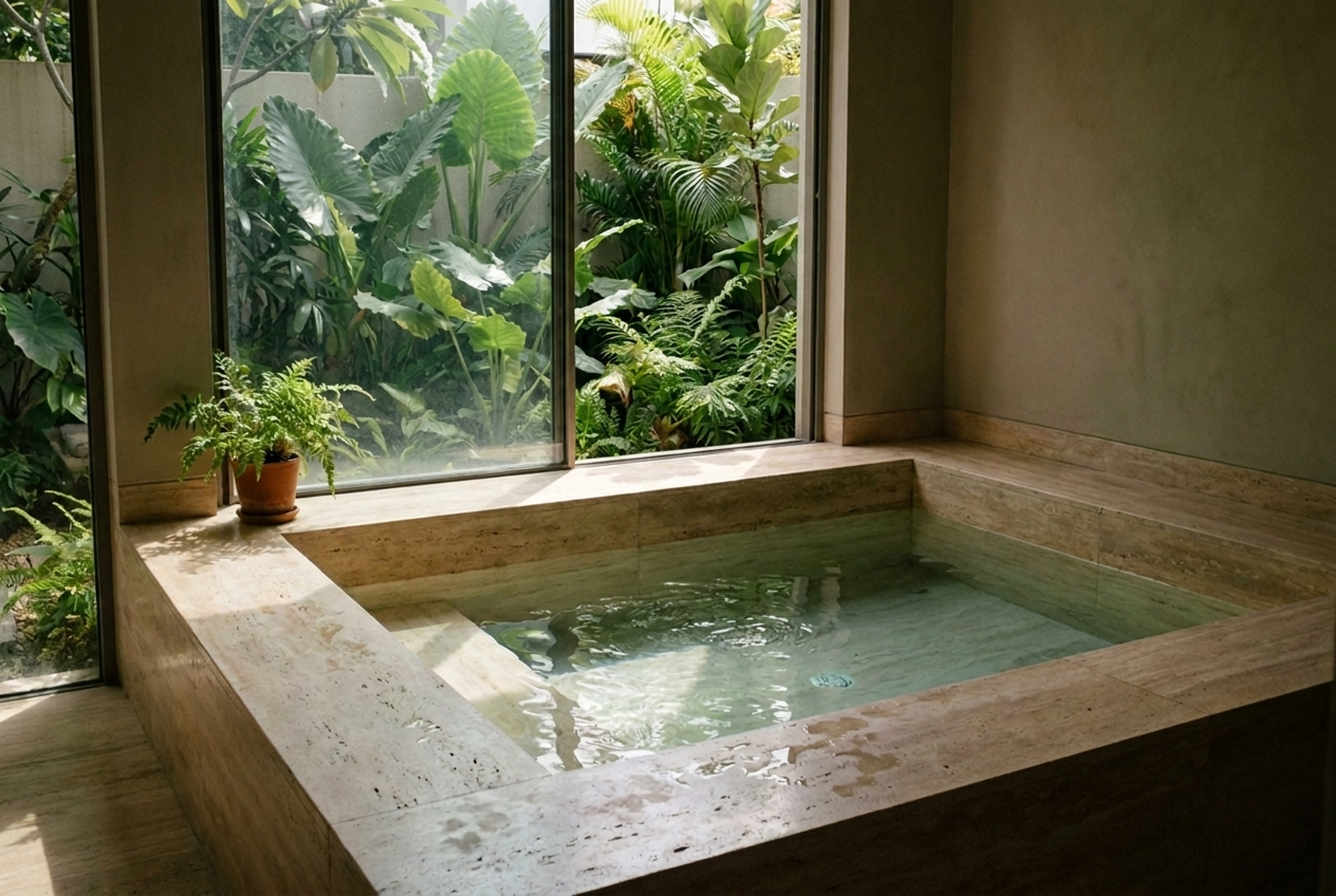 Travertine built-in plunge by a courtyard garden window
