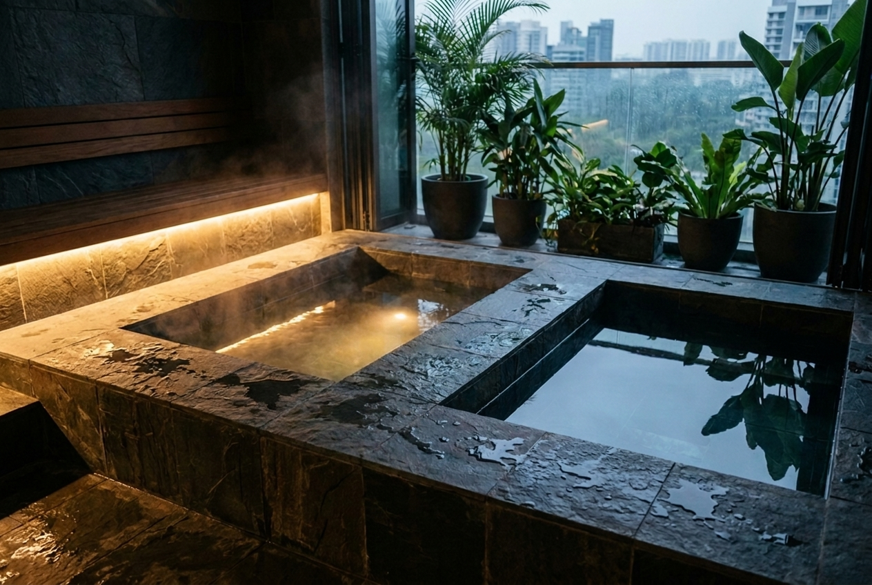Twin built-in hot and cold plunges in dark slate