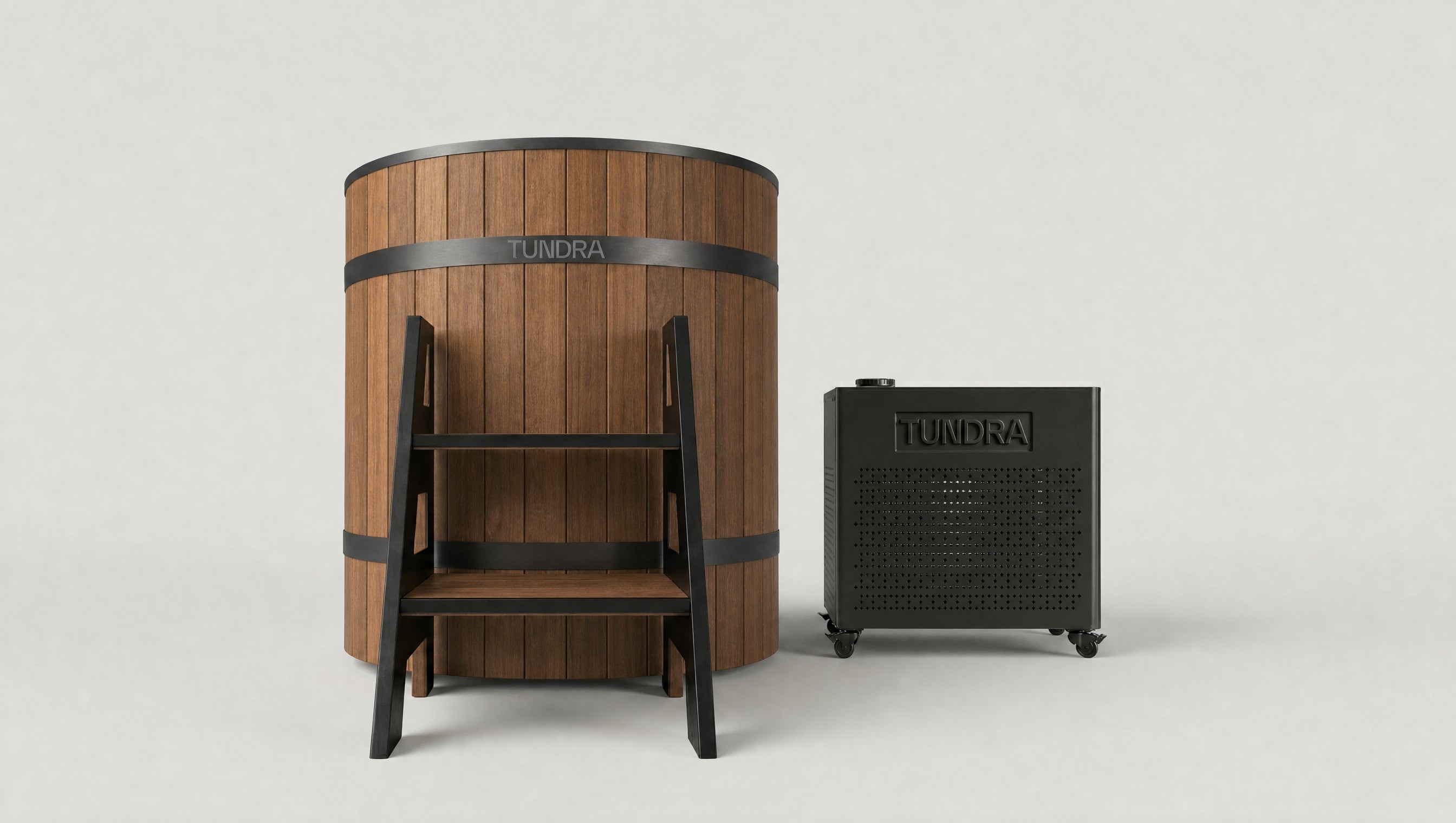 The TUNDRA Tavik System, a stainless steel and cedar barrel plunge tub with the Borealis heater and chiller