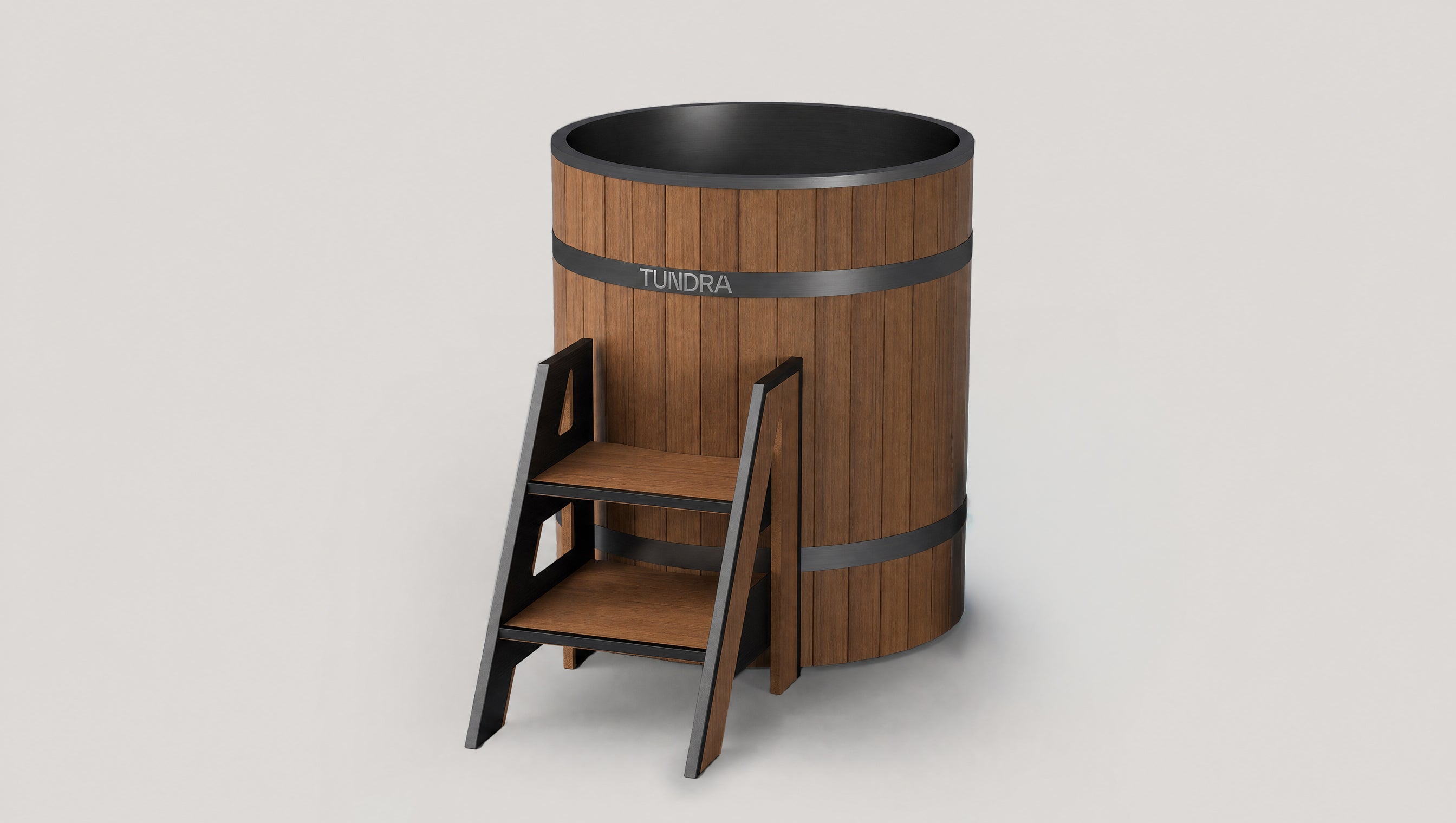 The TUNDRA Tavik System, a stainless steel and cedar barrel plunge tub with the Borealis heater and chiller — shown without the insulated cover