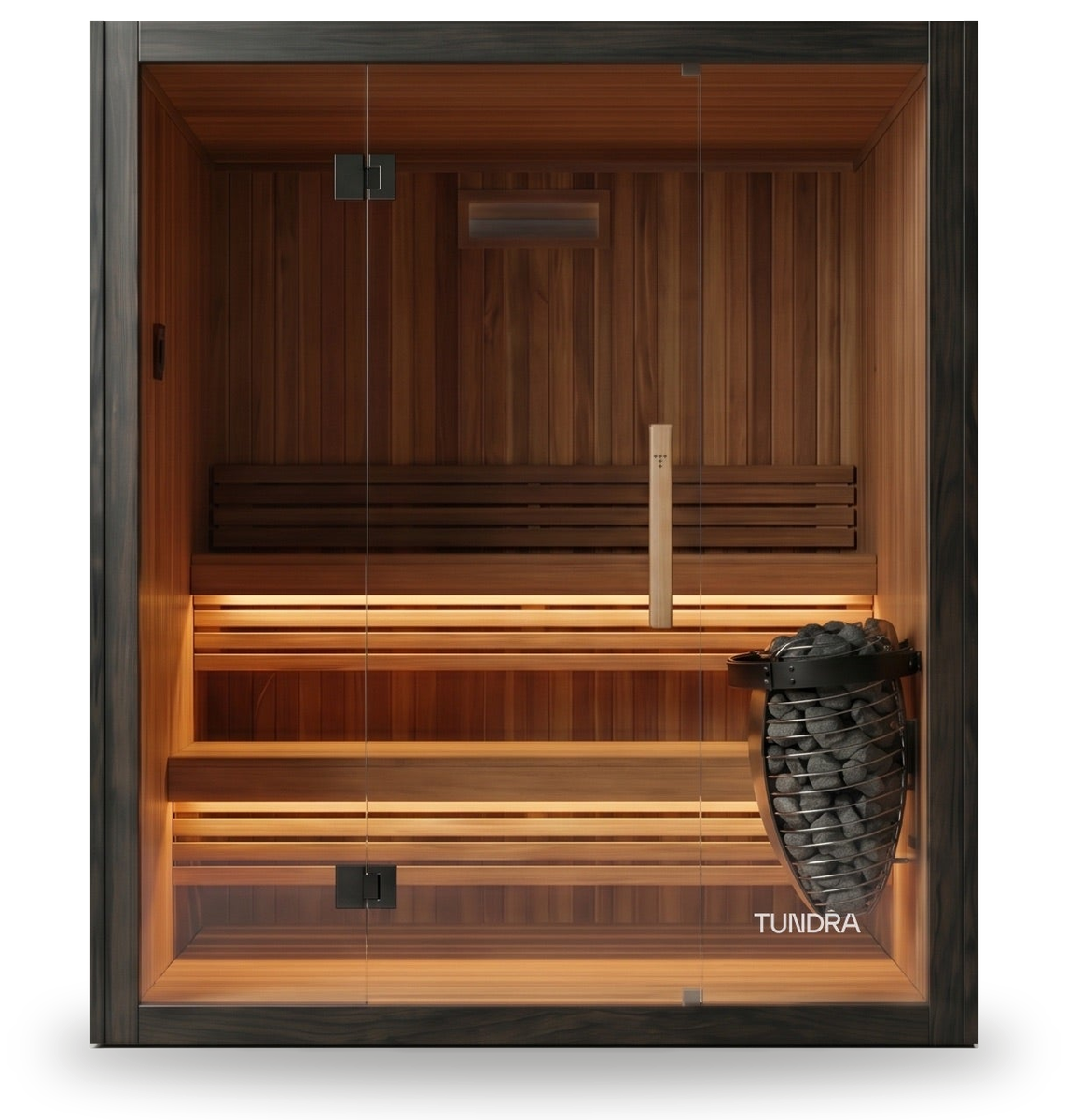 Haven outdoor Finnish sauna, front view through the glass front, cedar benches and heater