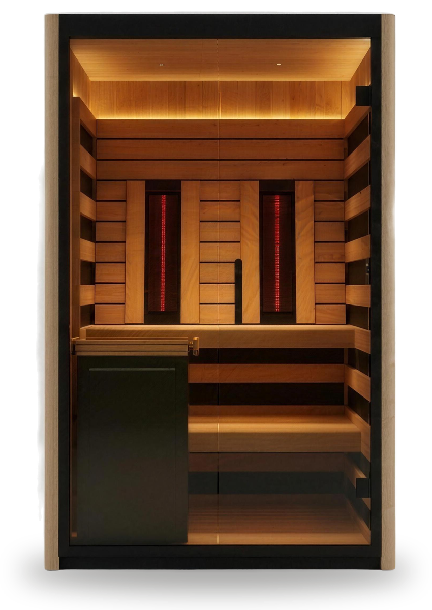 Ignis sauna, front view: glass front, infrared panels and the Finnish stove inside