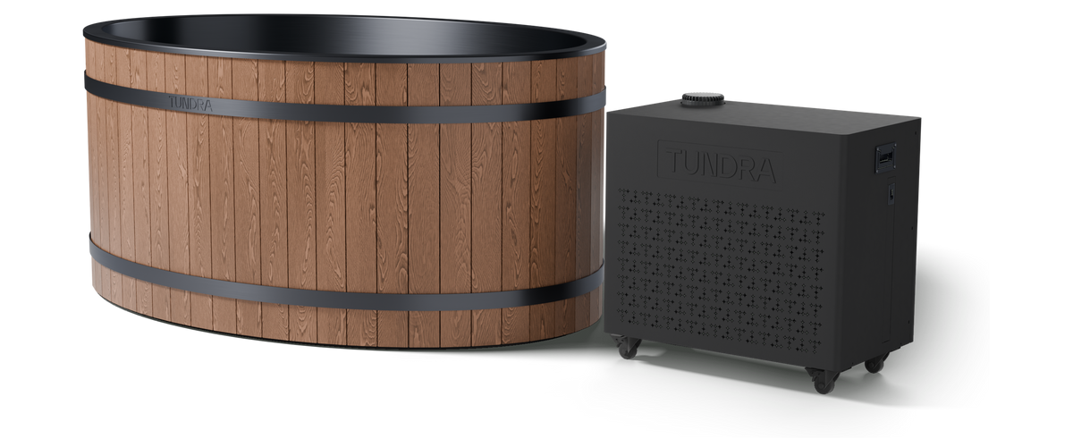 The Inari System: oval plunge tub with WPC cladding and the Borealis Gen 5 heater-chiller