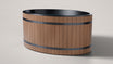 The TUNDRA Inari two person oval cold plunge, three quarter view, black stainless steel interior and WPC oak woodgrain cladding