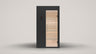 The Ounas for two, front view: black vertical timber boards with the control panel left of the glass door