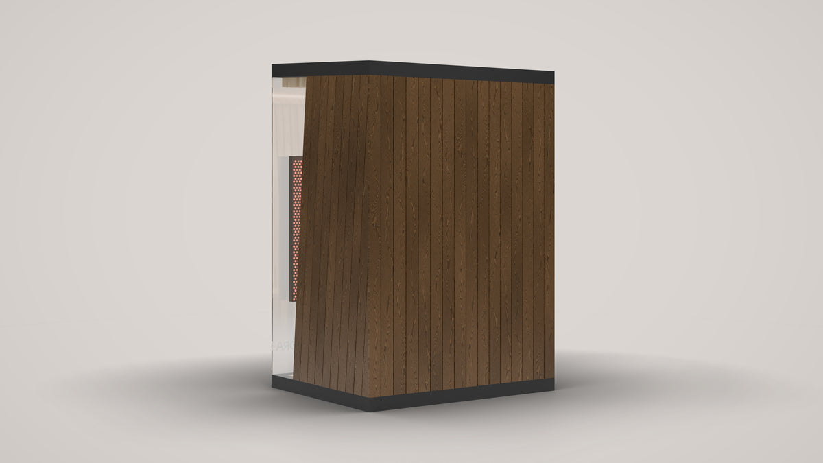 The TUNDRA glazed infrared sauna, rear three quarter view with walnut tone WPC cladding