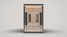 The TUNDRA glazed infrared sauna, front view: fully glazed front with centre door, hemlock interior
