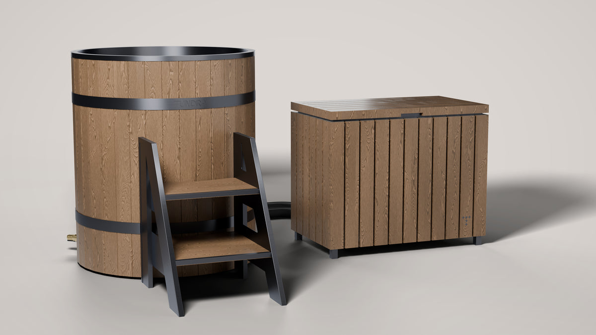 Optional WPC chiller cover in Weathered Oak around the Borealis Gen 5, beside the Tavik