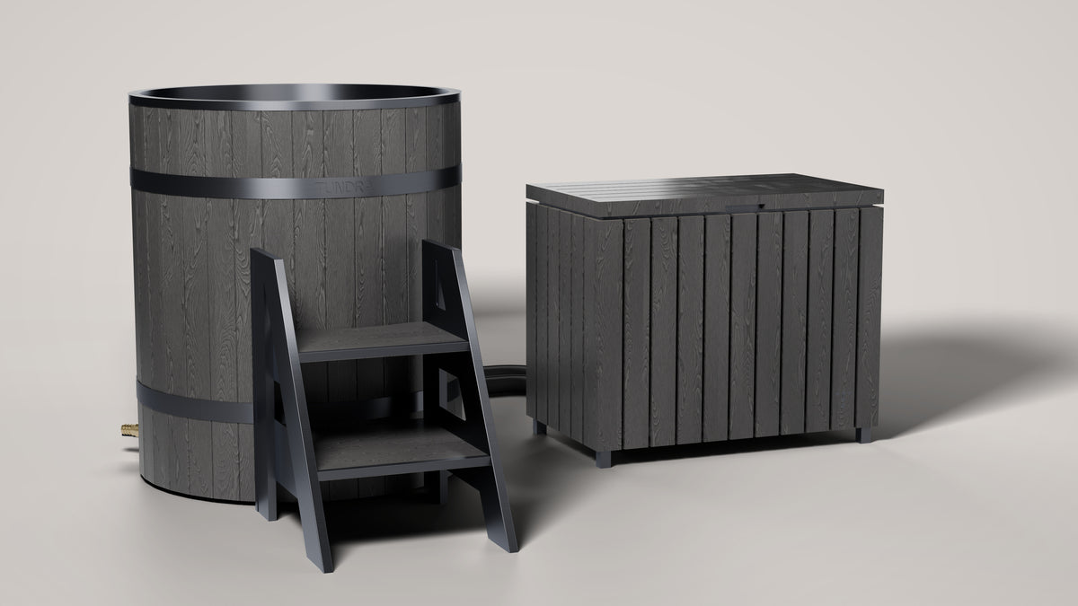 Optional WPC chiller cover in Midnight Oak around the Borealis Gen 5, beside the Tavik