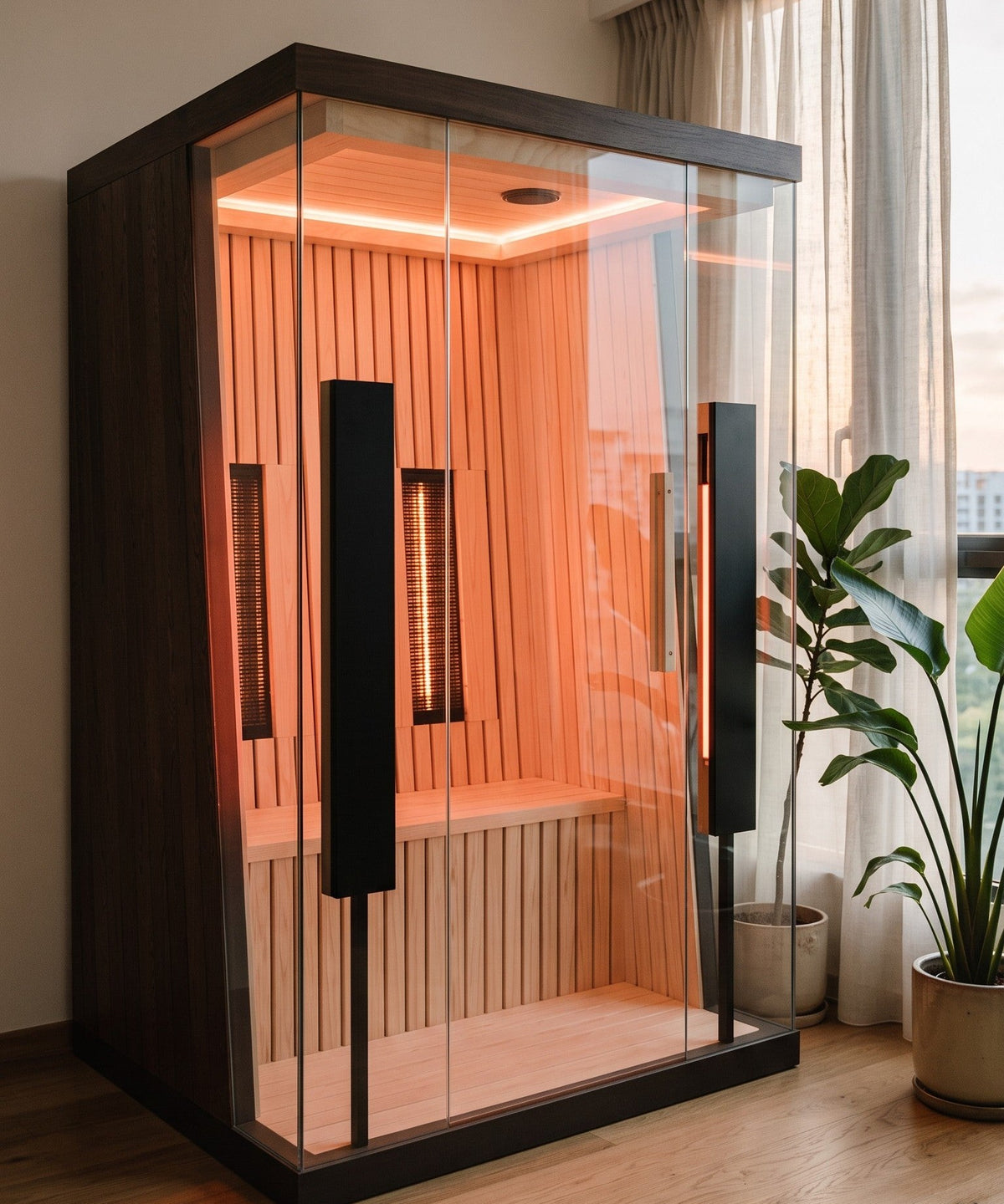 The Valo infrared sauna in an apartment, red light panels on behind the glass front
