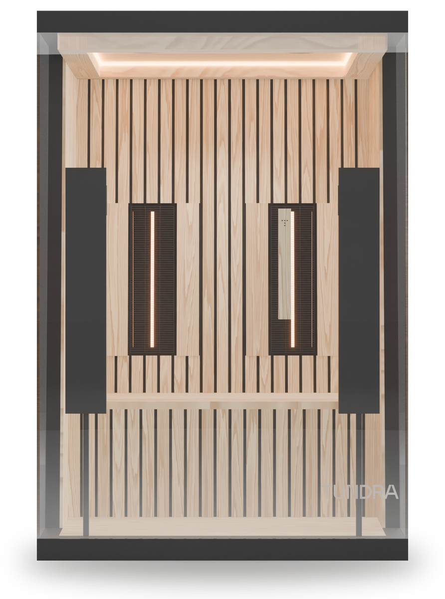 Valo infrared sauna, front view: glass front, hemlock slat interior, two infrared emitters and the cove light