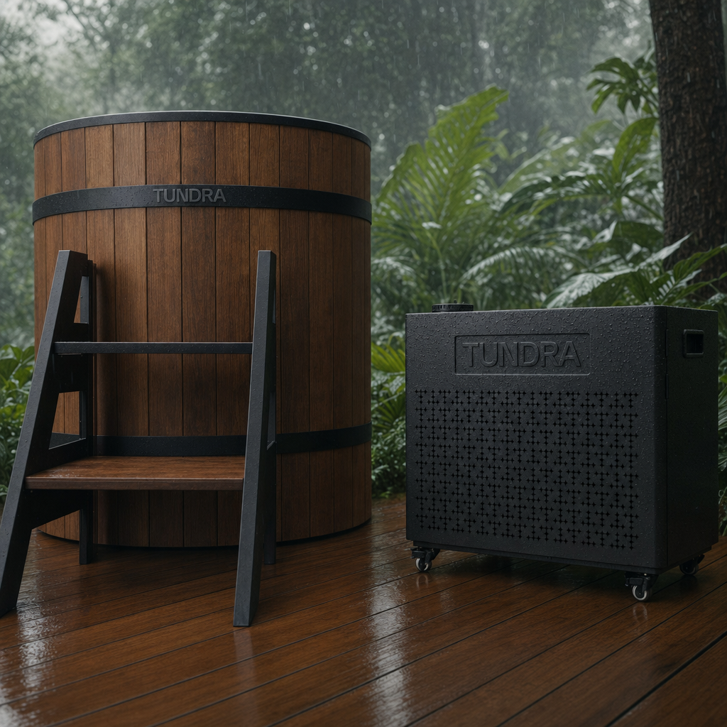 TUNDRA Borealis chiller beside a wooden cold plunge on an outdoor deck in tropical rain, built for Singapore heat and humidity