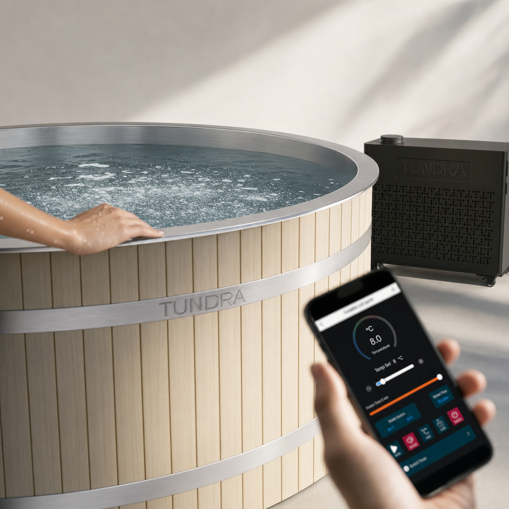 Clear filtered water in a TUNDRA plunge with the Borealis app open on a phone showing temperature control
