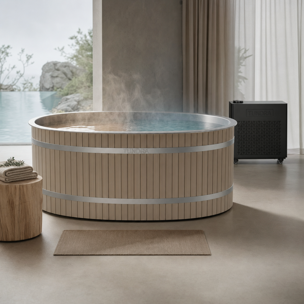 Steam rising from a warm TUNDRA plunge, showing the Borealis chiller heats water as well as cooling it