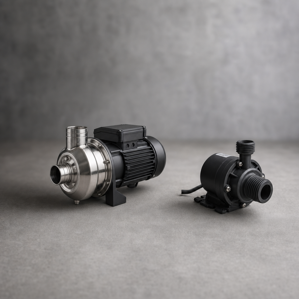 TUNDRA commercial-grade stainless-steel chiller pump next to a smaller budget pump, showing the size and build difference
