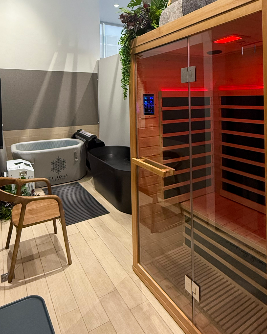 TUNDRA ice bath and infrared sauna showroom in Singapore, featuring a cold plunge and indoor wellness setup