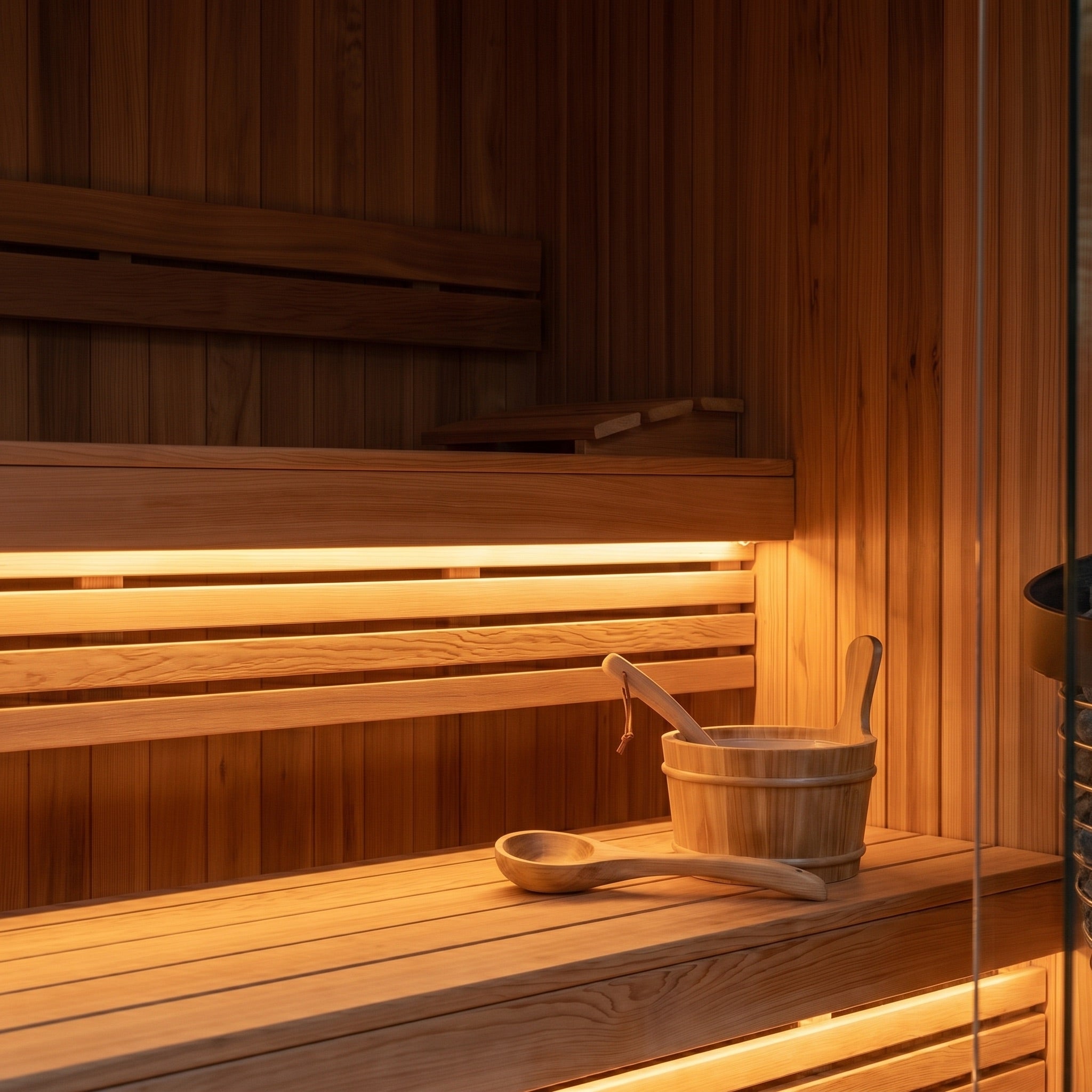Cedar bench detail with LED glow inside the TUNDRA Haven sauna