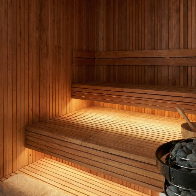 Double bench seating in the TUNDRA Haven sauna