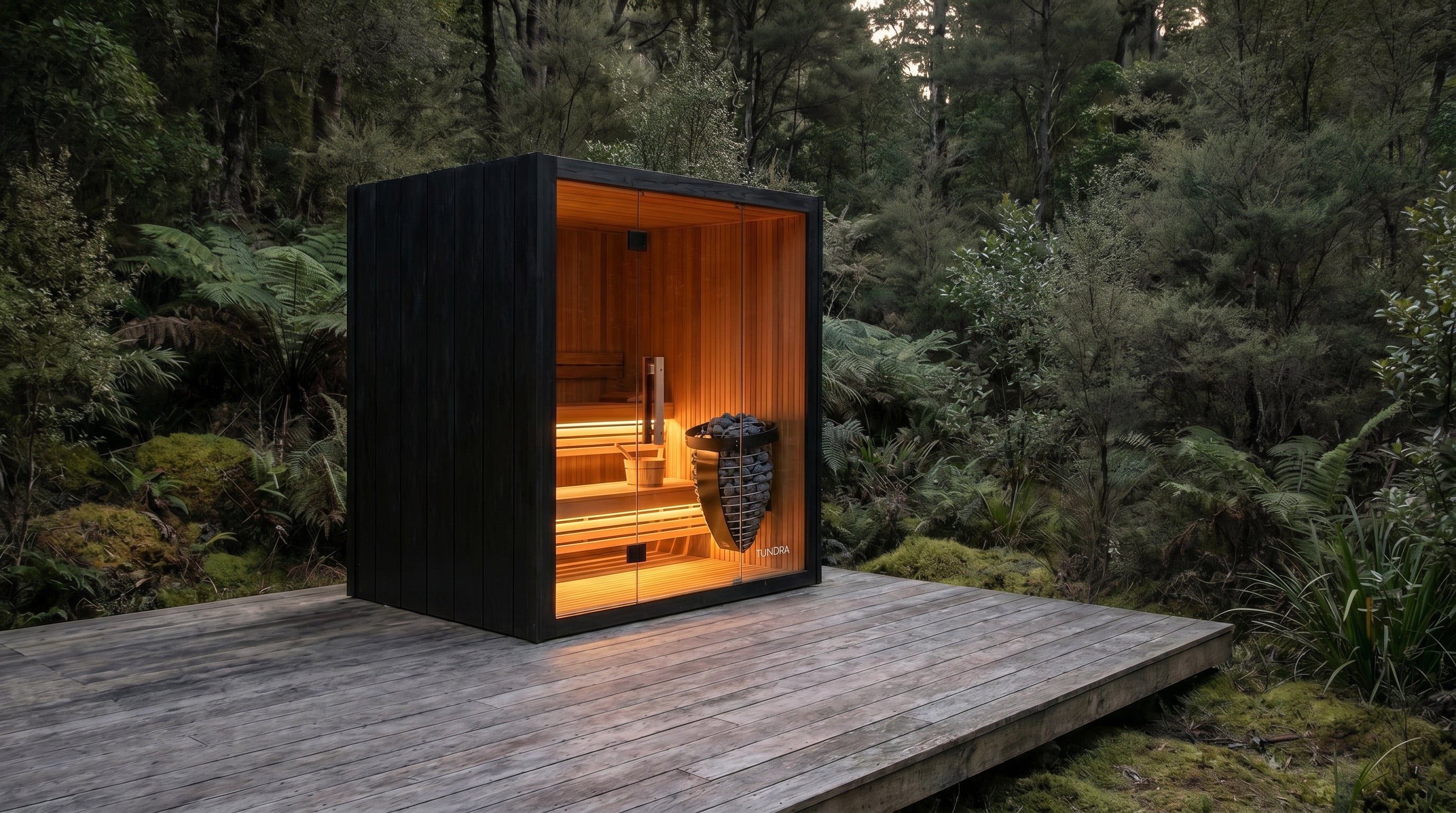 TUNDRA Haven outdoor cedar sauna in a forest setting