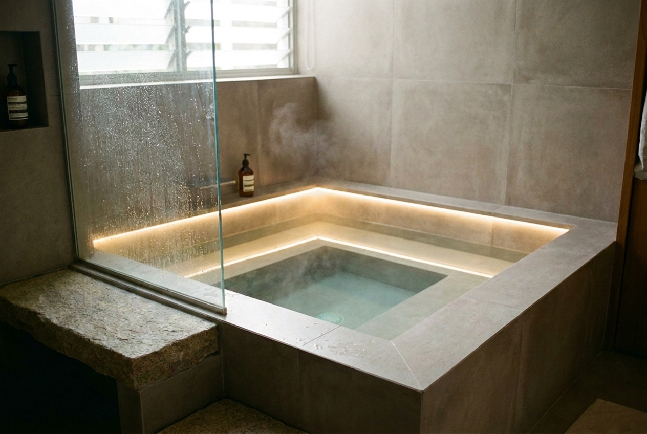 Built-in cold plunge in a private master bathroom