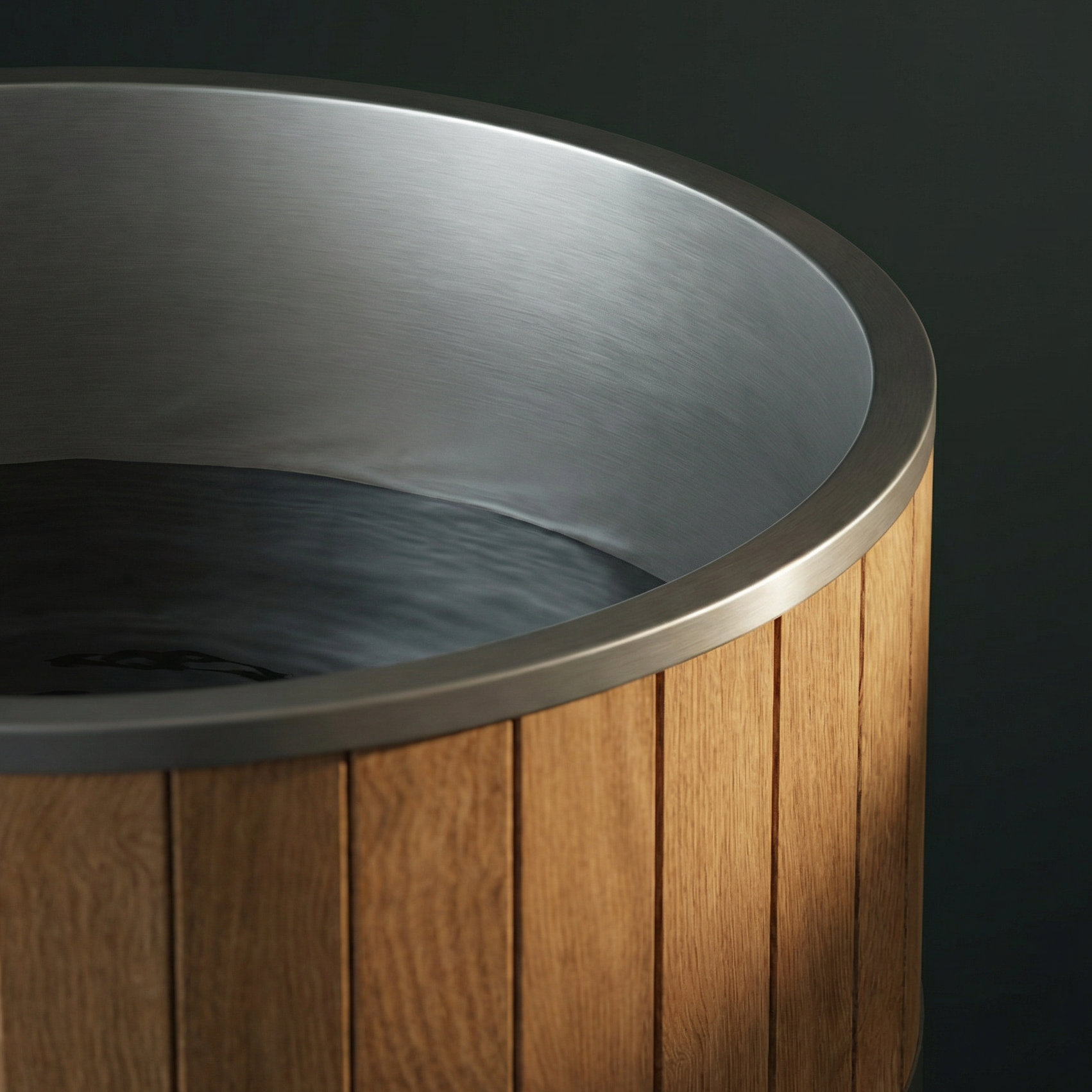 TUNDRA wooden cold plunge with stainless steel interior, showing premium tub construction detail